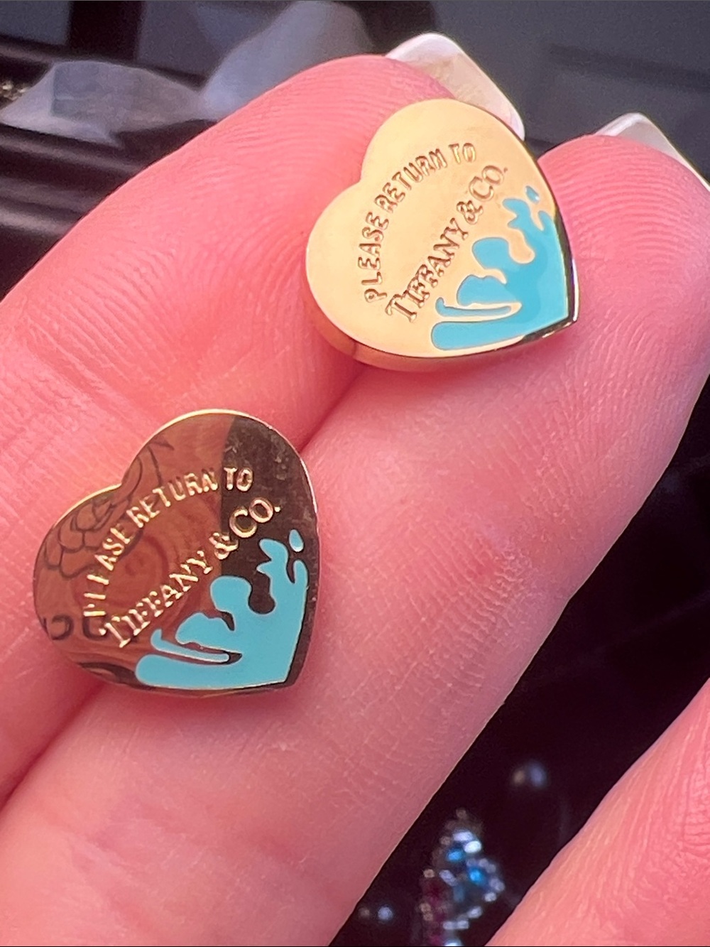 Gold Heart Earrings with Blue Enamel Accent